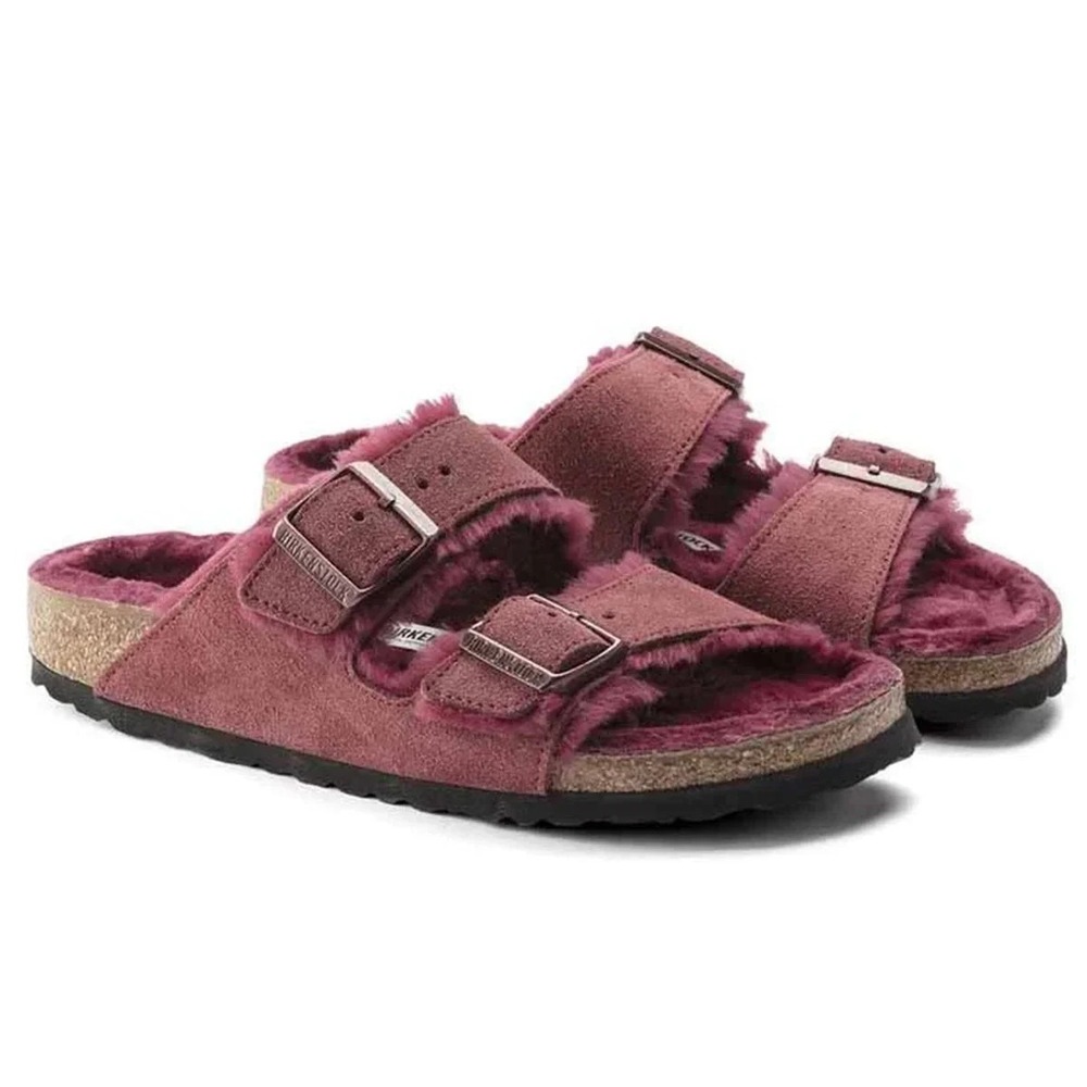 Womens Size EU 38 US 7 Narrow Birkenstock Arizona Shearling Sandals Maroon NEW
